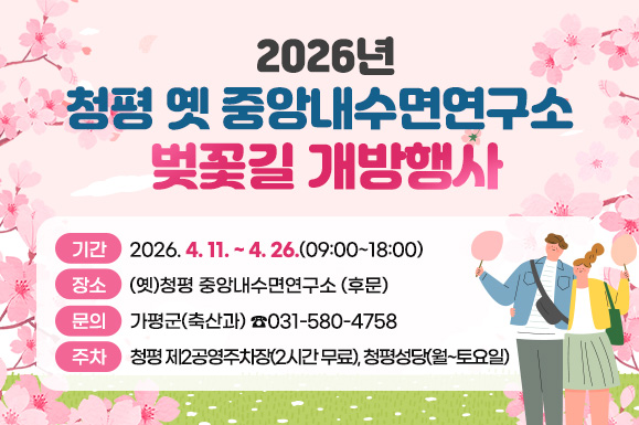 2026년 청평 옛 중앙내수면연구소 벚꽃길 개방행사
기간: 2026. 4. 11. ~ 4. 26.(09:00~18:00)
장소: (옛)청평 중앙내수면연구소 (후문)
문의: 가평군(축산과) ☎031-580-4758
주차: 청평 제2공영주차장(2시간 무료), 청평성당(월~토요일)